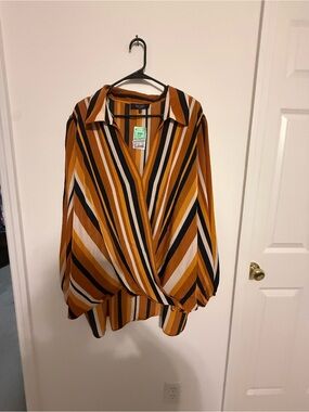 Rachel Roy NWT Striped Surplice Blouse 3X Brown Mustard Black